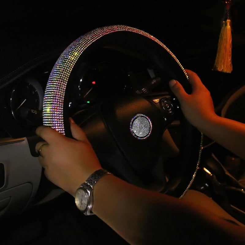 CARWALES غطاء عجلة قيادة لامع للسيارة مزين للنساء والفتيات، حجم كبير 15 1/2''-16'' بوصة، واقي عجلة مضاد للانزلاق ملون، أسود - Image 2